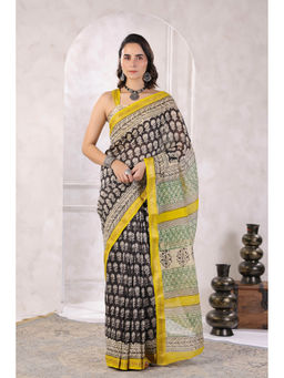 Geroo Jaipur - Black Hand Block Printed Floral Chanderi Saree with Unstitched Blouse