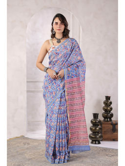 Geroo Jaipur - Blue Hand Block Printed Floral Chanderi Saree with Unstitched Blouse