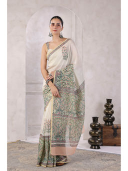 Geroo Jaipur - Off White Hand Block Printed Floral Chanderi Saree with Unstitched Blouse