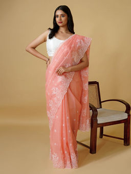 Teejh - Tasneem Embroidered Organza Saree with Unstitched Blouse