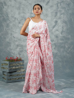 Teejh - Crimson Petal Digital Print Chiffon Saree with Unstitched Blouse