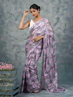 Teejh - Blushing Slate Digital Print Chiffon Saree with Unstitched Blouse