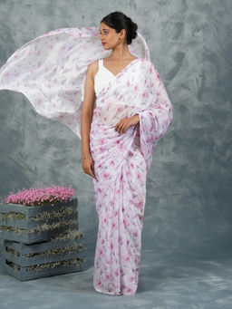 Teejh - Pink Cascade Digital Print Chiffon Saree with Unstitched Blouse
