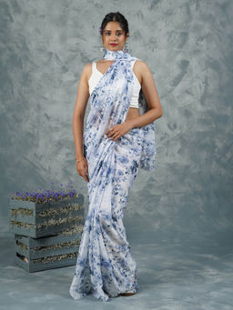 Teejh - Frosty Floral Digital Print Chiffon Saree with Unstitched Blouse