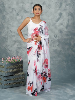 Teejh - Ivory Rouge Digital Print Chiffon Saree with Unstitched Blouse