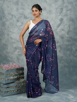 Teejh - Starry Night Elegance Digital Print Chiffon Saree with Unstitched Blouse