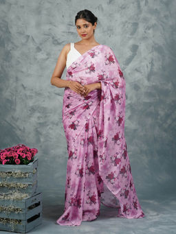Teejh - Lilac Blossom Digital Print Chiffon Saree with Unstitched Blouse