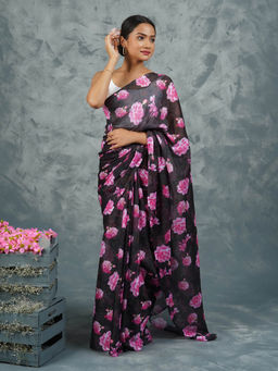 Teejh - Ebony Rose Pink Digital Print Chiffon Saree with Unstitched Blouse