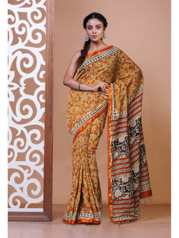 Unnati Silks - Brown Pure Bagru Printed Pashmina Sico Saree with Unstitched Blouse