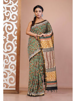 Unnati Silks - Green Pure Bagru Printed Pashmina Sico Saree with Unstitched Blouse