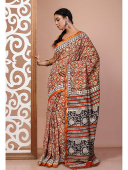 Unnati Silks - Rust Pure Bagru Printed Pashmina Sico Saree with Unstitched Blouse