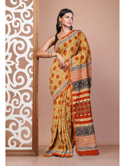 Unnati Silks - Yellow Pure Bagru Printed Pashmina Sico Saree with Unstitched Blouse