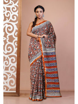 Unnati Silks - Rust Pure Bagru Printed Pashmina Sico Saree with Unstitched Blouse