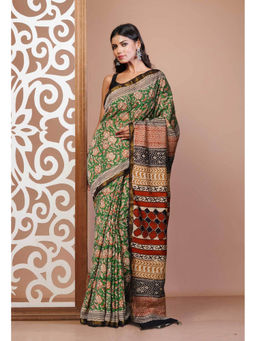 Unnati Silks - Green Pure Bagru Printed Pashmina Sico Saree with Unstitched Blouse