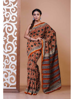 Unnati Silks - Rust Pure Bagru Printed Pashmina Sico Saree with Unstitched Blouse