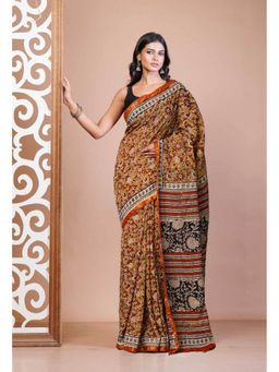 Unnati Silks - Brown Pure Bagru Printed Pashmina Sico Saree with Unstitched Blouse