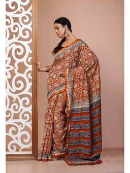 Unnati Silks - Brown Pure Bagru Printed Pashmina Sico Saree with Unstitched Blouse