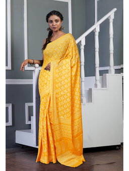 Unnati Silks - Yellow Pure Hand Block Printed Soft Cotton Saree with Unstitched Blouse
