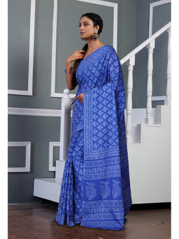Unnati Silks - Blue Pure Hand Block Printed Soft Cotton Saree with Unstitched Blouse