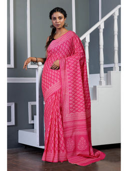 Unnati Silks - Pink Pure Hand Block Printed Soft Cotton Saree with Unstitched Blouse