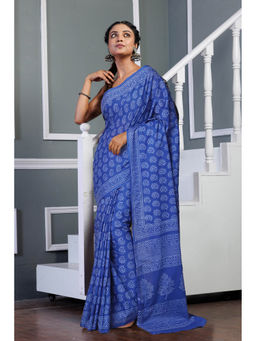 Unnati Silks - Blue Pure Hand Block Printed Soft Cotton Saree with Unstitched Blouse
