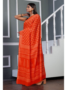 Unnati Silks - Orange Pure Hand Block Printed Soft Cotton Saree with Unstitched Blouse