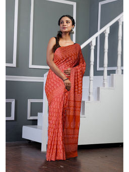 Unnati Silks - Red Pure Hand Block Printed Soft Cotton Saree with Unstitched Blouse