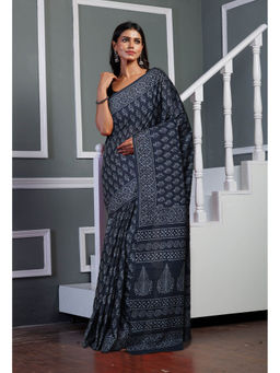 Unnati Silks - Dark Grey Pure Hand Block Printed Soft Cotton Saree with Unstitched Blouse