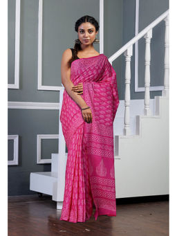 Unnati Silks - Pink Pure Hand Block Printed Soft Cotton Saree with Unstitched Blouse