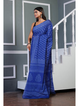 Unnati Silks - Blue Pure Hand Block Printed Soft Cotton Saree with Unstitched Blouse