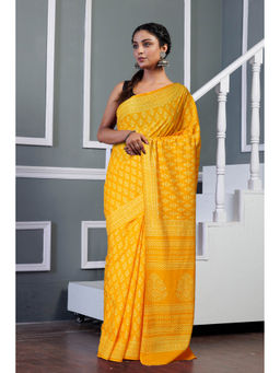 Unnati Silks - Yellow Pure Hand Block Printed Soft Cotton Saree with Unstitched Blouse