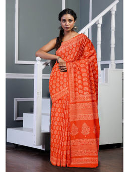 Unnati Silks - Red Pure Hand Block Printed Soft Cotton Saree with Unstitched Blouse