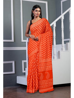 Unnati Silks - Red Pure Hand Block Printed Soft Cotton Saree with Unstitched Blouse