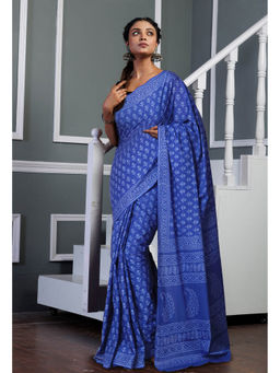 Unnati Silks - Blue Pure Hand Block Printed Soft Cotton Saree with Unstitched Blouse