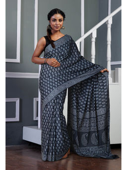 Unnati Silks - Dark Grey Pure Hand Block Printed Soft Cotton Saree with Unstitched Blouse