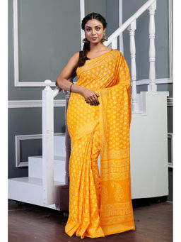 Unnati Silks - Yellow Pure Hand Block Printed Soft Cotton Saree with Unstitched Blouse