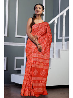 Unnati Silks - Red Pure Hand Block Printed Soft Cotton Saree with Unstitched Blouse
