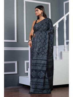 Unnati Silks - Dark Grey Pure Hand Block Printed Soft Cotton Saree with Unstitched Blouse