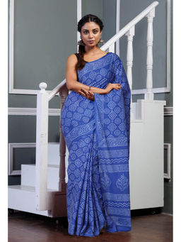 Unnati Silks - Blue Pure Hand Block Printed Soft Cotton Saree with Unstitched Blouse