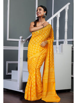 Unnati Silks - Yellow Pure Hand Block Printed Soft Cotton Saree with Unstitched Blouse