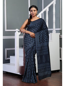 Unnati Silks - Dark Grey Pure Hand Block Printed Soft Cotton Saree with Unstitched Blouse