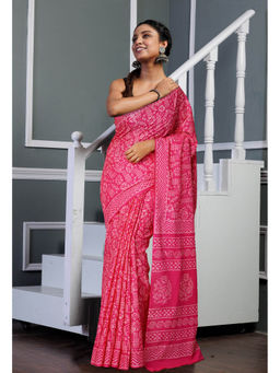 Unnati Silks - Pink Pure Hand Block Printed Soft Cotton Saree with Unstitched Blouse