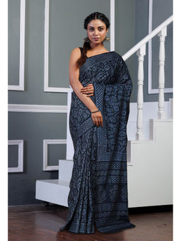 Unnati Silks - Dark Grey Pure Hand Block Printed Soft Cotton Saree with Unstitched Blouse