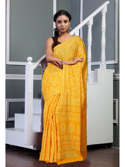 Unnati Silks - Yellow Pure Hand Block Printed Soft Cotton Saree with Unstitched Blouse