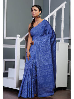 Unnati Silks - Navy Blue Pure Hand Block Printed Soft Cotton Saree with Unstitched Blouse