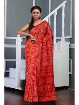 Unnati Silks - Red Pure Hand Block Printed Soft Cotton Saree with Unstitched Blouse