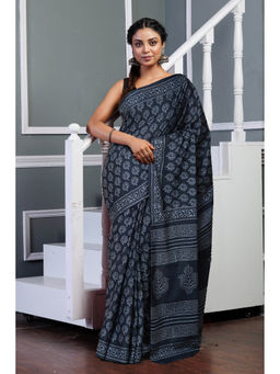 Unnati Silks - Dark Grey Pure Hand Block Printed Soft Cotton Saree with Unstitched Blouse