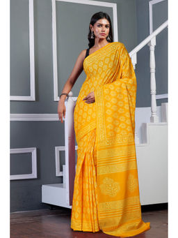 Unnati Silks - Yellow Pure Hand Block Printed Soft Cotton Saree with Unstitched Blouse