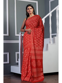 Unnati Silks - Red Pure Hand Block Printed Soft Cotton Saree with Unstitched Blouse