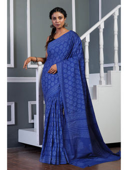 Unnati Silks - Blue Pure Hand Block Printed Soft Cotton Saree with Unstitched Blouse